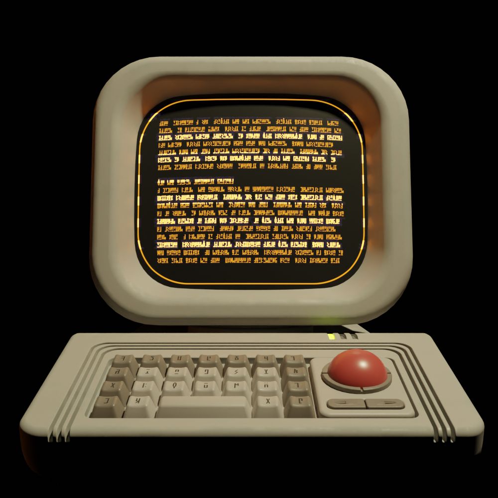 A old with computer, with the display turned on.