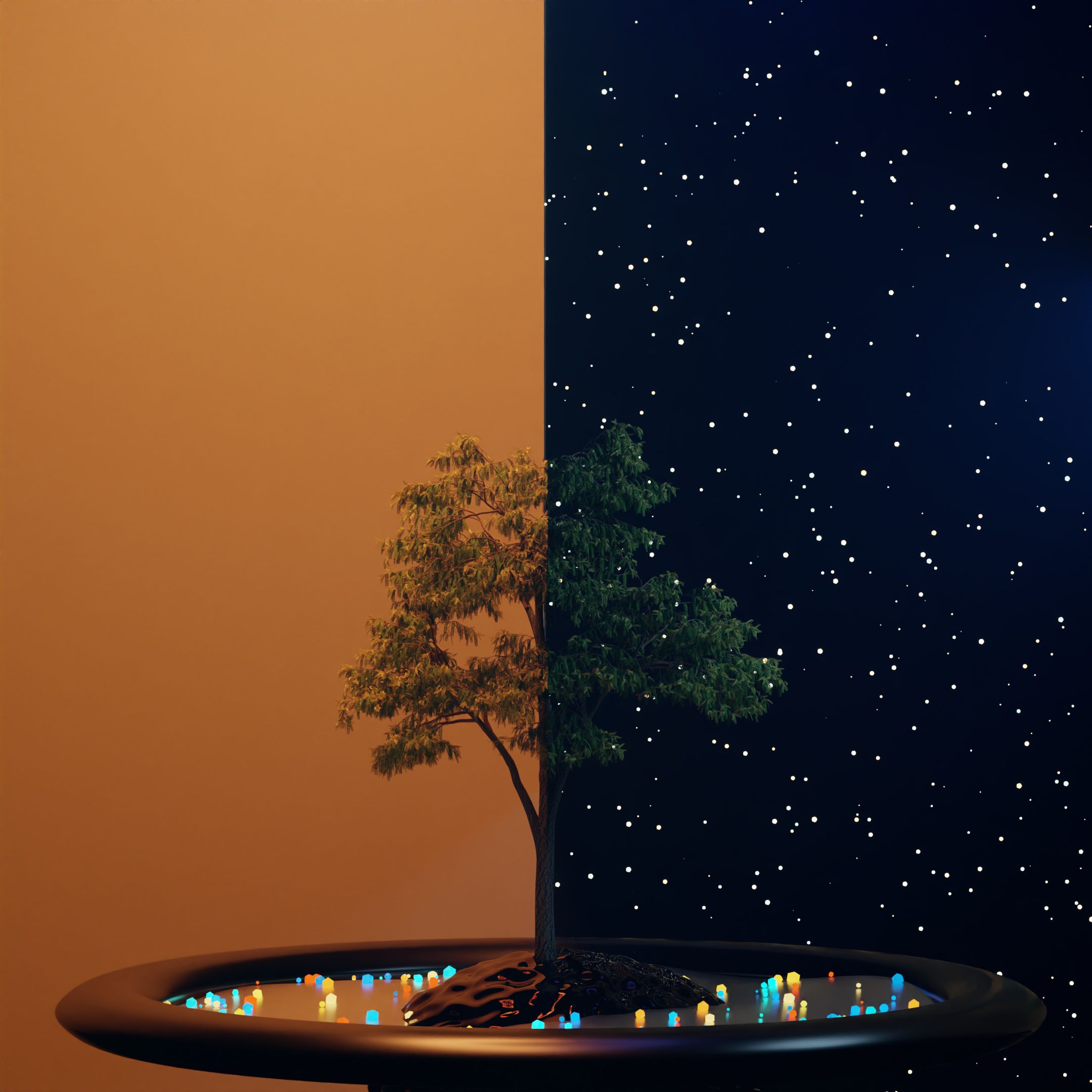 A tree, left side symbolize day, right side symolize night.
