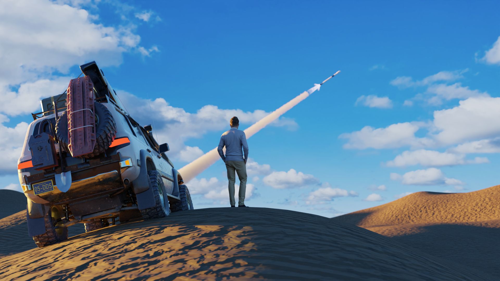 A guy standing beside his car in desert, observing a rocket in the distance.