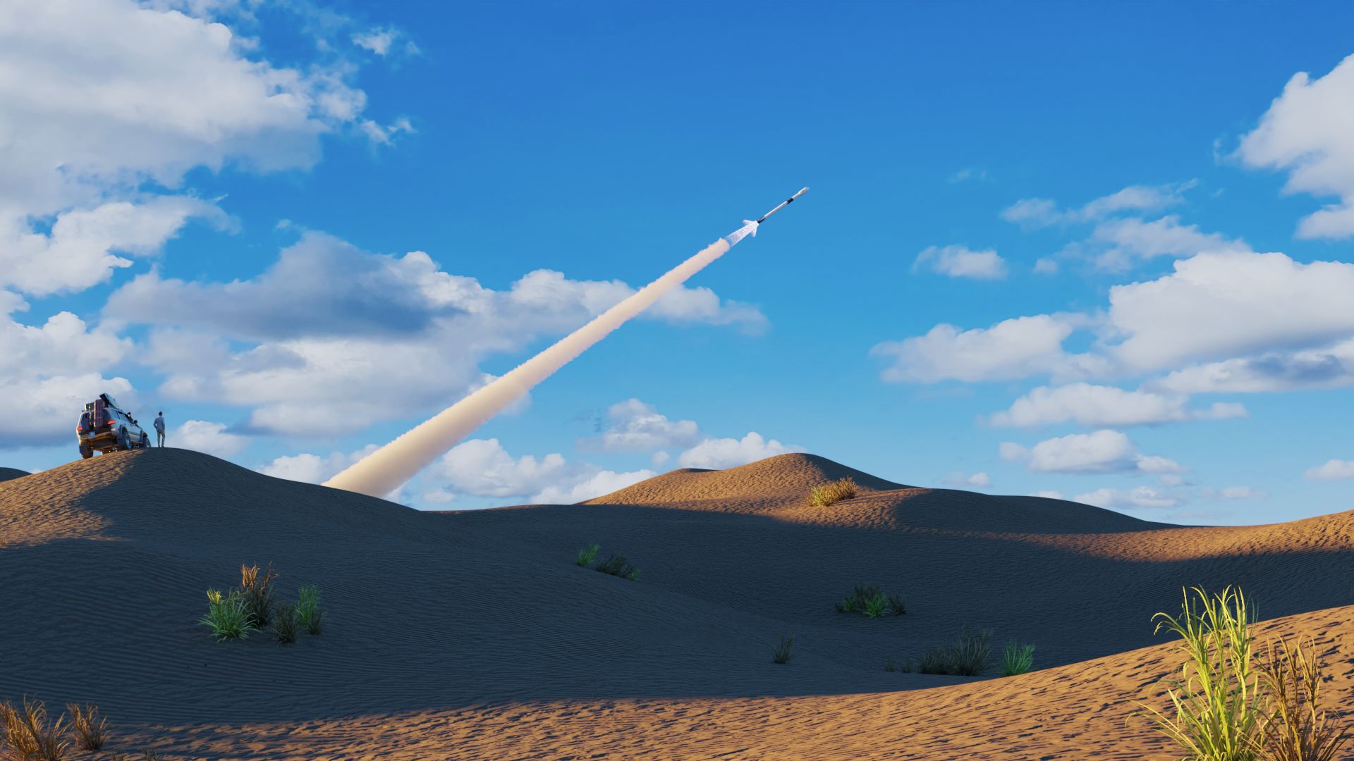 A guy standing beside his car in desert, observing a rocket in the distance.