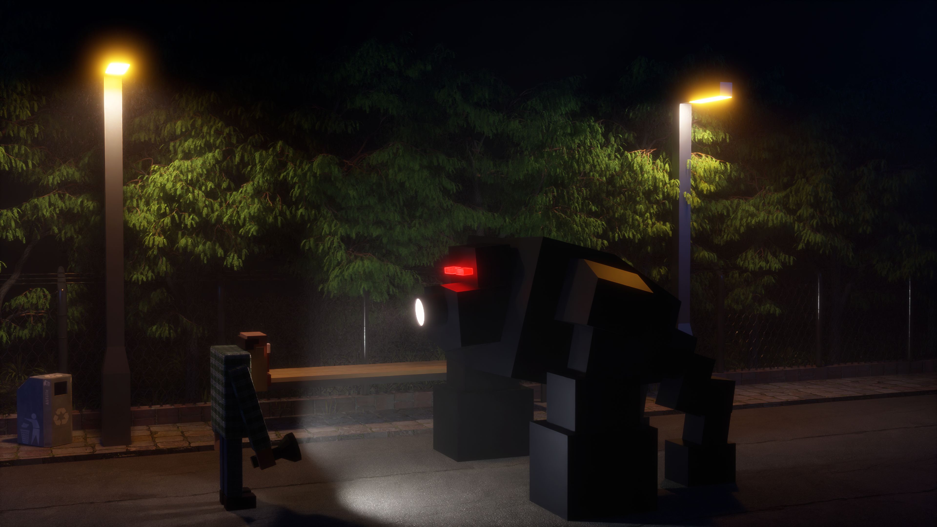 A man holding a flashlight, standing in front of a blocky Monster, in a empty street.