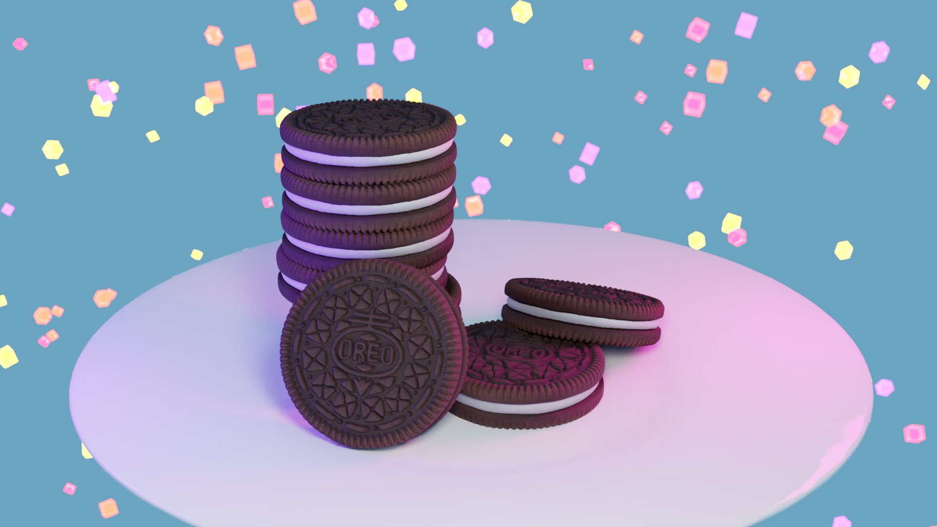 Oreos served at a plate, with colorful background.