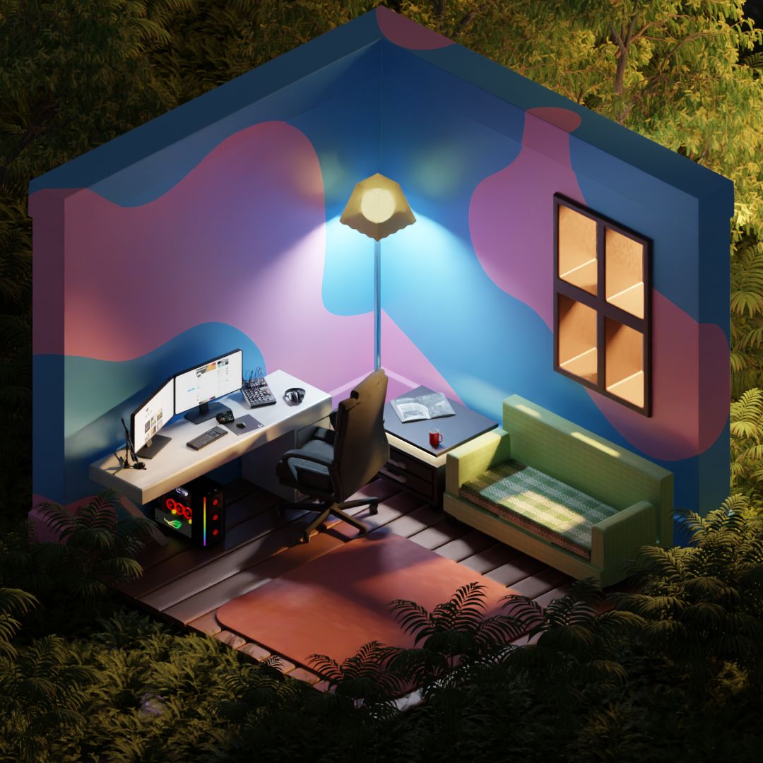 A Ortho-Graphic view of a modern room.
